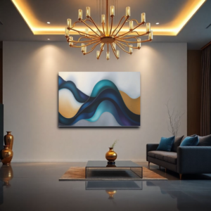 A living room with a gray sofa and a canvas print featuring undulating waves in blue and gold hues, creating an abstract fluid design.