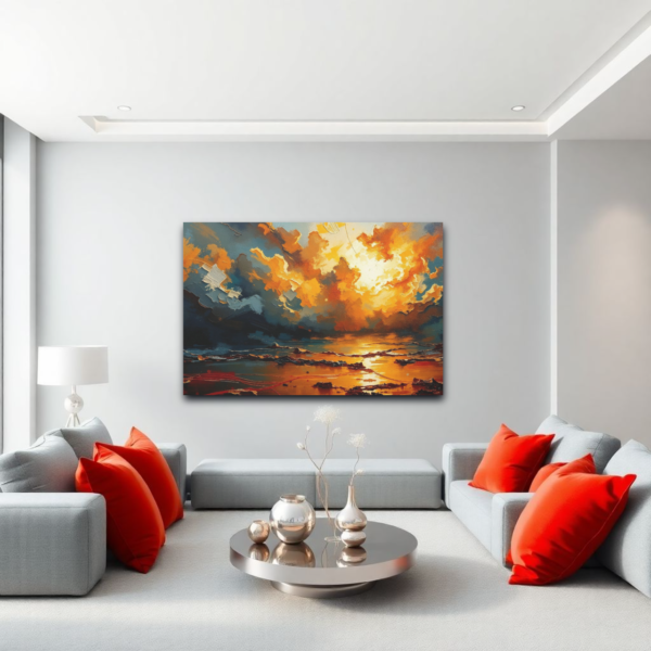 Canvas art depicting an abstract sunset over the ocean with vibrant orange, yellow, and blue hues, displayed above a gray sectional sofa in a modern living room.