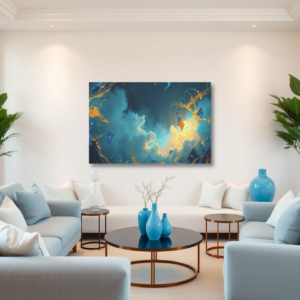 A living room with gray sofas and a canvas print featuring an abstract celestial design with blue and gold swirls and shapes.