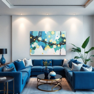 A living room with a blue sectional sofa and a canvas print featuring geometric shapes in blue, green, yellow, and white.