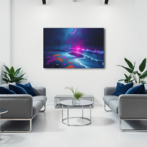 Canvas art depicting a surreal beach scene with neon pink and purple hues under a crescent moon, displayed above two gray sofas in a modern living room.