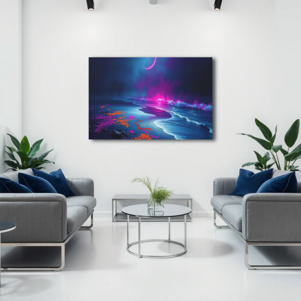 Canvas art depicting a surreal beach scene with neon pink and purple hues under a crescent moon, displayed above two gray sofas in a modern living room.