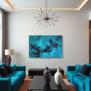 A living room with turquoise sofas and a canvas print featuring a fluid abstract design with turquoise, blue, black, and gold tones.