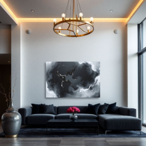 A living room with a dark sectional sofa and a canvas print featuring an abstract network or map design in black and white tones.