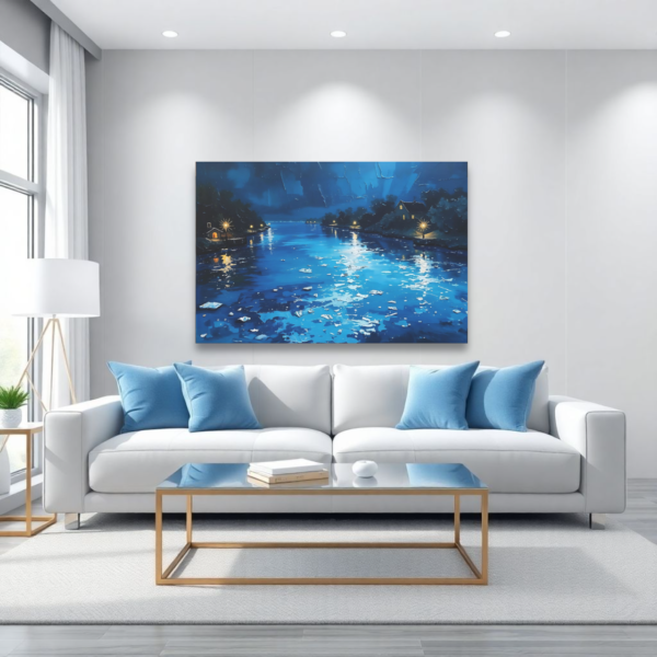 A living room with a white sofa and a canvas print featuring a night river scene with reflections of lights on blue water.
