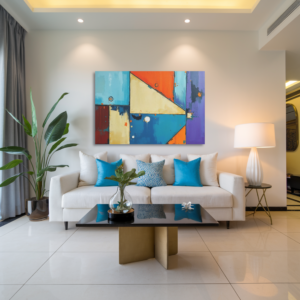A living room with a white sofa and a canvas print featuring abstract geometric shapes in blue, orange, beige, and purple.