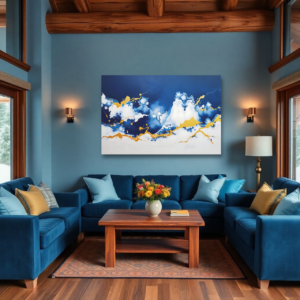 A living room with blue sofas and a canvas print featuring an abstract design with swirling blue, white, and gold tones.