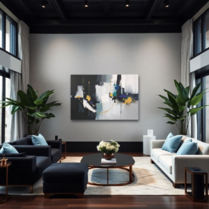 Canvas art featuring a black, white, gray, gold, blue, and teal abstract design, displayed above a white sofa in a modern living room.