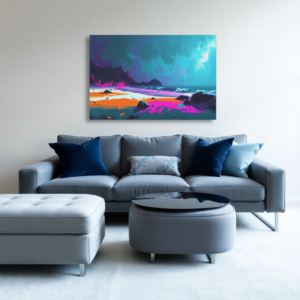Canvas art depicting a surreal coastal scene with vibrant neon hues, displayed above a gray sofa in a modern living room.