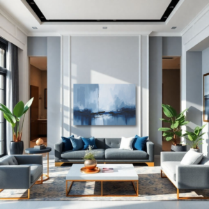 A living room with a gray sofa and a canvas print featuring an abstract design with blue and white tones, divided by a prominent crack.
