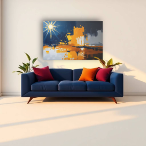 A living room with a blue sofa and a canvas print featuring an abstract sunburst design with yellow, blue, and gray tones.