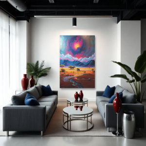 Canvas art depicting a vibrant sunset safari scene with elephants and mountains, displayed above two gray sofas in a modern living room.