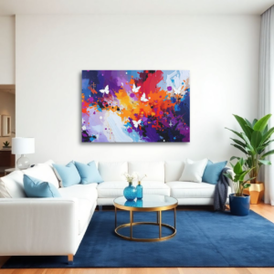 A living room with a white sectional sofa and a canvas print featuring an abstract design with red, orange, purple, blue, and white butterflies.