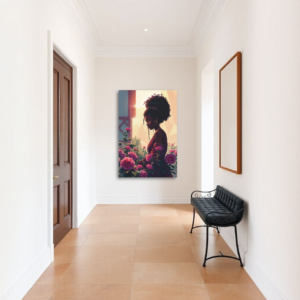 A hallway with a canvas print featuring a woman with an afro hairstyle standing in a rose garden.