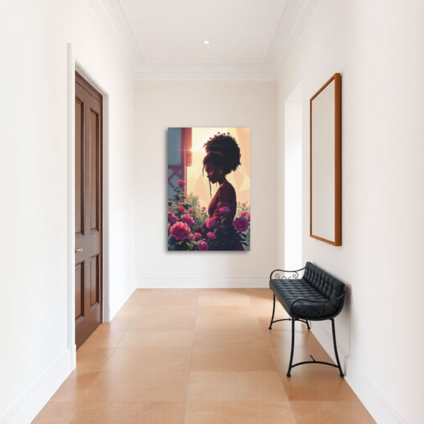 A hallway with a canvas print featuring a woman with an afro hairstyle standing in a rose garden.