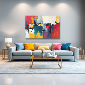 A living room with a gray sofa and a canvas print featuring a dynamic abstract design with red, yellow, blue, teal, black, and white colors.