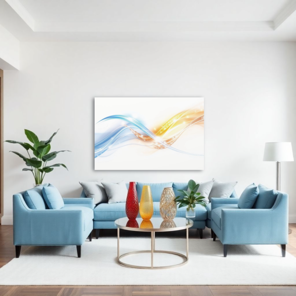 Canvas art featuring dynamic blue and orange waves in an abstract design, displayed above a light blue sofa in a modern living room.