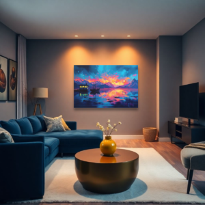 A living room with a blue sofa and a canvas print featuring a sunset lake scene with vibrant colors and two boats near the shore.