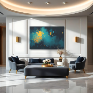 A modern room with gray seating and a canvas print featuring an abstract space scene with yellow orbs and teal hues.