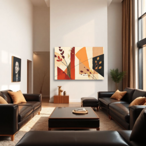 A modern living room with leather sofas and a canvas print featuring abstract botanical shapes in warm orange and beige tones.