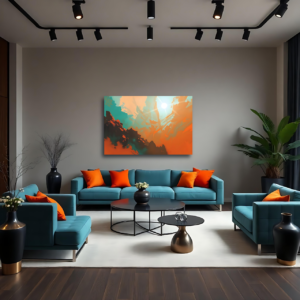 A modern living room with a teal sofa and an abstract canvas print featuring orange, teal, and white hues.