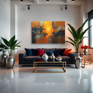 A modern living room with a gray sofa and an abstract canvas print featuring warm oranges, blues, and yellows.
