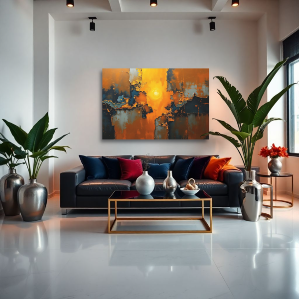 A modern living room with a gray sofa and an abstract canvas print featuring warm oranges, blues, and yellows.