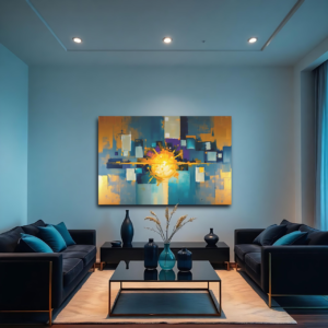 A modern living room with black sofas and a canvas print featuring an abstract cityscape with warm oranges, blues, and silvers.