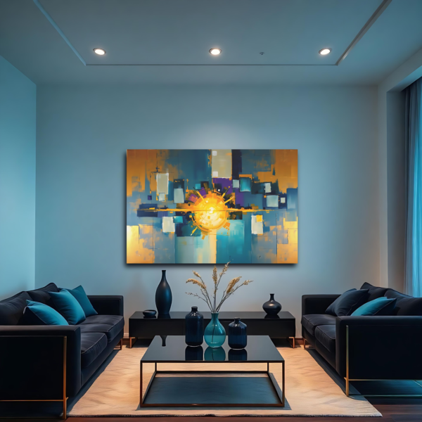 A modern living room with black sofas and a canvas print featuring an abstract cityscape with warm oranges, blues, and silvers.