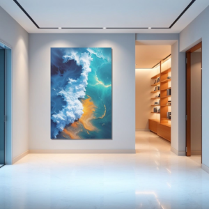 A hallway with a white floor and a canvas print featuring an abstract cloudscape with blue, white, and orange tones.