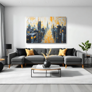 A living room with a gray sofa and a canvas print featuring a modern cityscape in yellow and gray tones with architectural details.