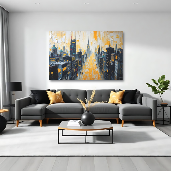 A living room with a gray sofa and a canvas print featuring a modern cityscape in yellow and gray tones with architectural details.