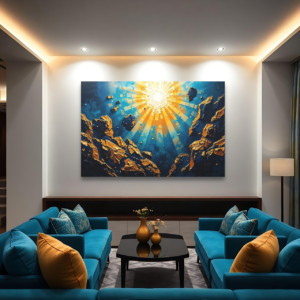 A modern living room with teal sofas and a large canvas print featuring an abstract landscape with rocky cliffs, a sunburst, and blue tones.