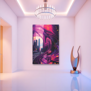 A hallway with a canvas print featuring an urban cityscape merging into abstract psychedelic swirls in purple, pink, and orange tones.