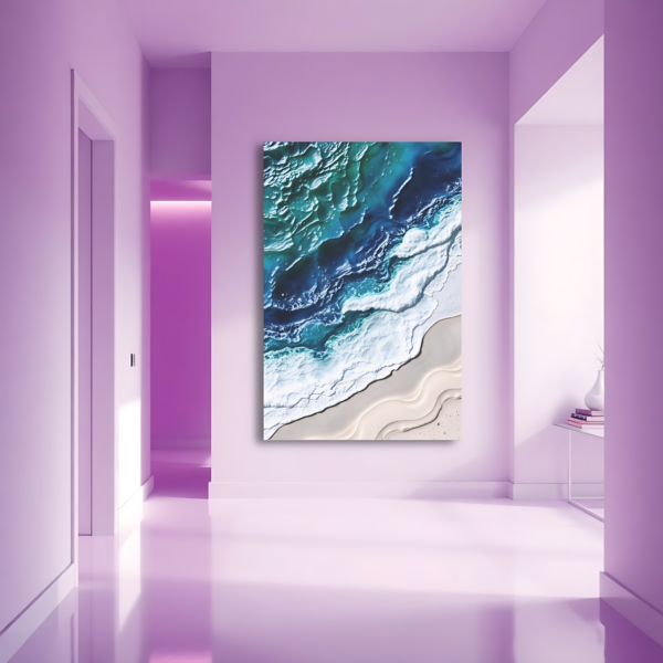 A purple hallway with a canvas print featuring an aerial view of ocean waves crashing on a sandy beach.