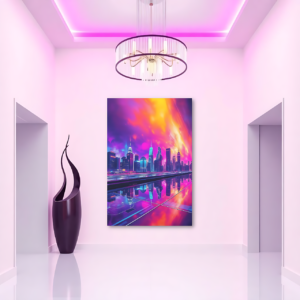 A pink hallway with a canvas print featuring a neon cityscape with a futuristic skyline and reflective surface.
