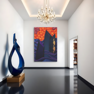A hallway with a canvas print featuring abstract geometric patterns and dark structures in orange and blue hues.