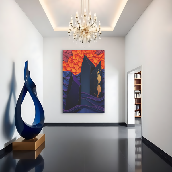 A hallway with a canvas print featuring abstract geometric patterns and dark structures in orange and blue hues.
