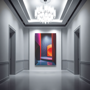Canvas art featuring a modern architectural design with vibrant hues of red, orange, and purple, displayed in a well-lit hallway.