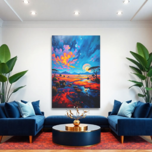 A living room with blue sofas and a canvas print featuring an African wilderness scene with elephants grazing at dusk under a colorful sunset.