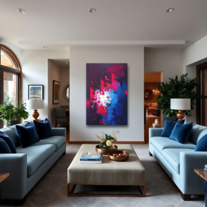 A living room with light blue sofas and a canvas print featuring an abstract design with purple, red, and blue splashes.
