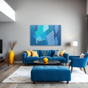 A living room with a blue sofa and a canvas print featuring an abstract geometric design with various shades of blue.