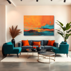 Canvas art featuring expressive brushstrokes and vibrant colors in an impressionistic sunset landscape, displayed above a gray sofa in a modern living room.