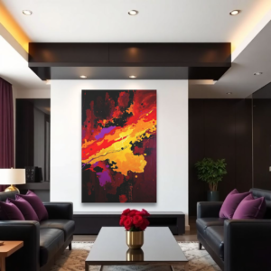 Canvas art featuring vibrant colors and an intense abstract expressionism composition, displayed above two black sofas in a modern living room.