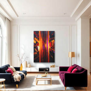 Canvas art featuring vibrant colors and abstract architectural forms in a cityscape, displayed above two sofas in a modern living room.