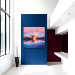 Canvas art depicting a sunset lake with a colorful sky and reflection, displayed on a blue accent wall in a modern room.