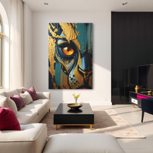 Canvas art featuring a close-up of a lion's eye with a piercing stare, displayed above a white sofa in a modern living room.