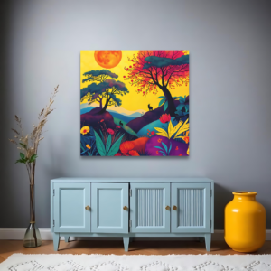 A room with a blue cabinet and a canvas print featuring a vibrant landscape with trees, a yellow sun, and colorful plants.