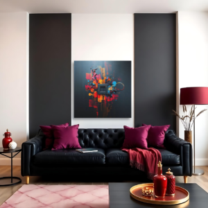 A living room with a black tufted sofa and a canvas print featuring an abstract design with vibrant colors against a dark background.