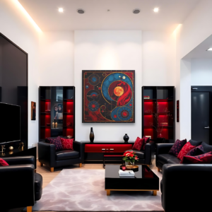 A living room with black furniture and a canvas print featuring a cosmic abstract design with red, blue, and gold elements.